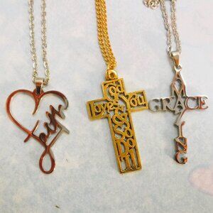 VINTAGE Religious Gold Silver Pendant Necklace Lot ~ Three Cross Heart Jewelry